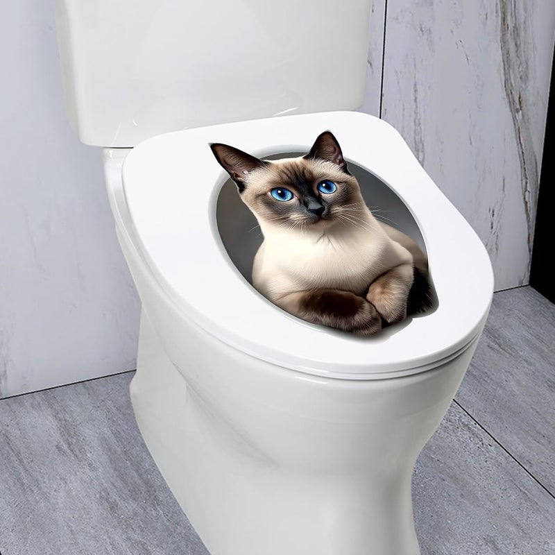Iprokiu Cute Animal Toilet Sticker Waterproof 3D Funny Dog Cracking Toilet Seat Lid Decal Bathroom Wall Sticker Squirrel Toilet Lid Decal Home Decoration (Siamese Cat) - Image 2